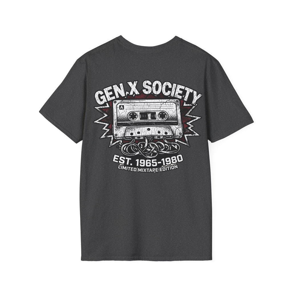 Gen X Society T-Shirt — Retro Cassette Mixtape Design (Est. 1965–1980) (Back Print)
