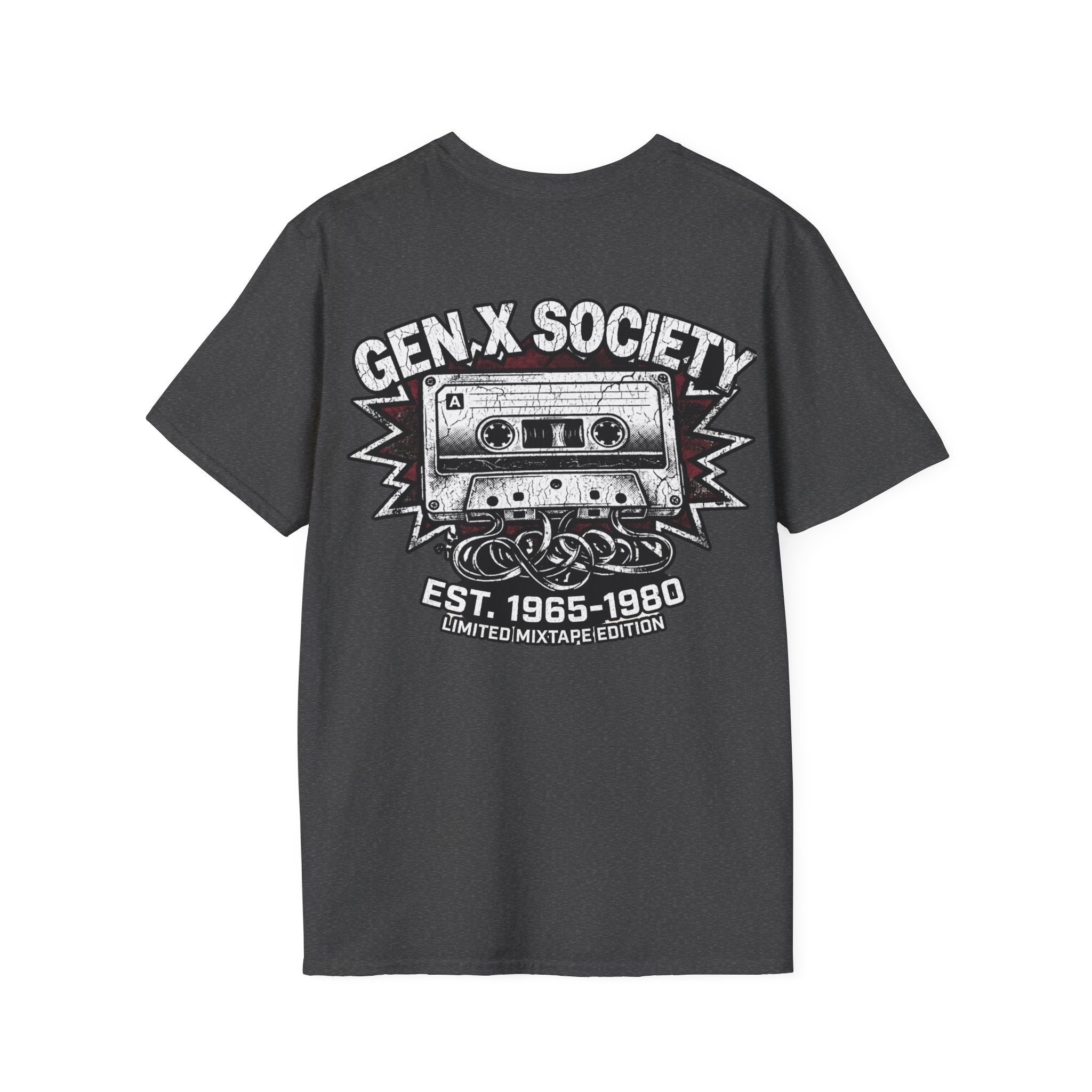 Gen X Society T-Shirt — Retro Cassette Mixtape Design (Est. 1965–1980) (Back Print)