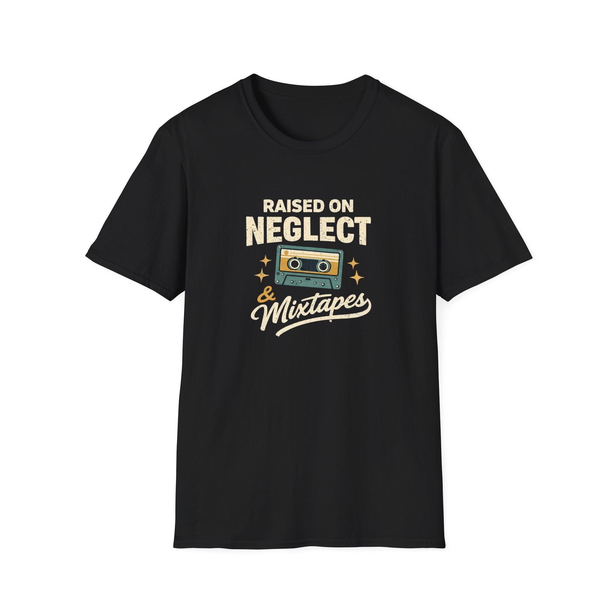 Raised on Neglect & Mixtapes T-Shirt — Retro Cassette Nostalgia Tee