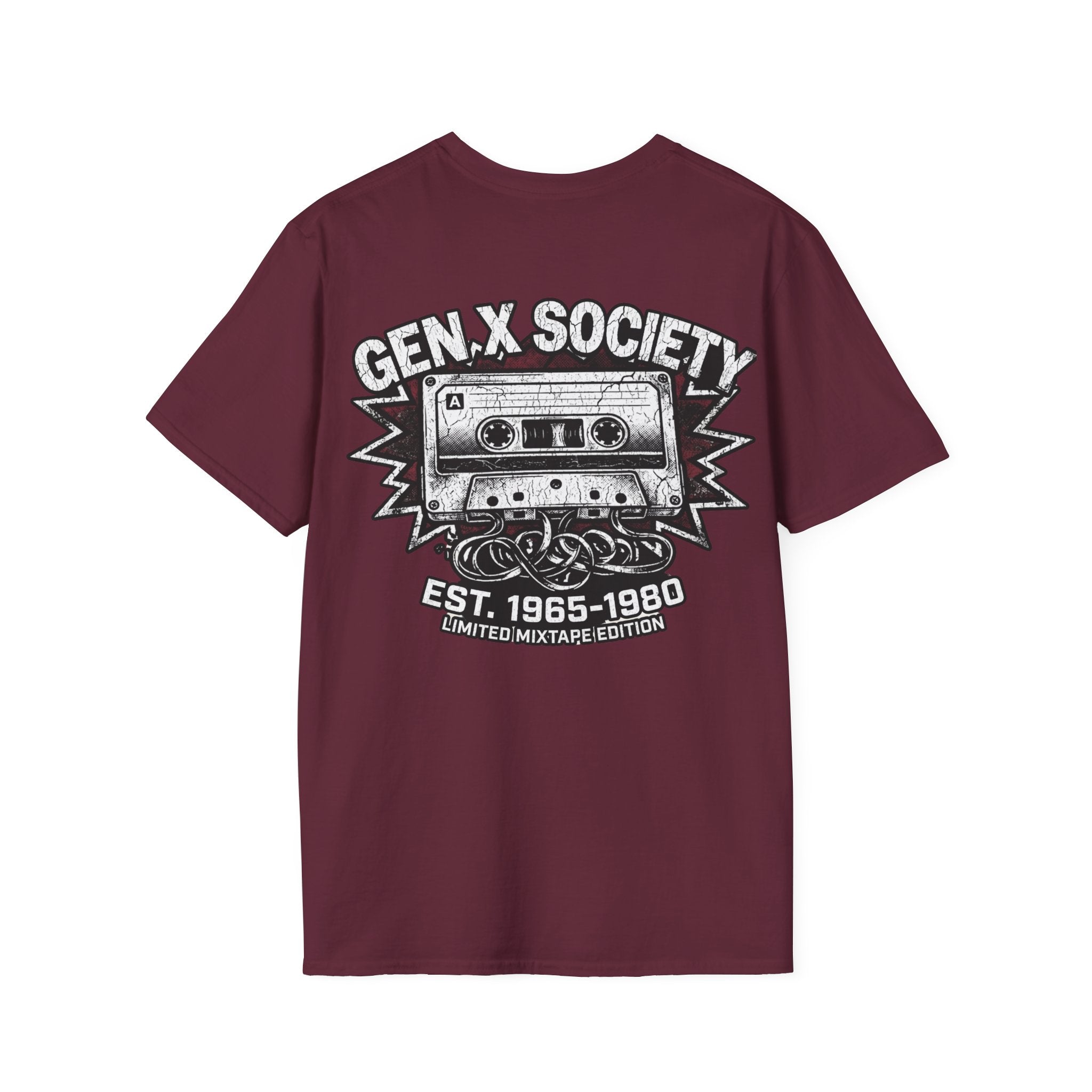 Gen X Society T-Shirt — Retro Cassette Mixtape Design (Est. 1965–1980) (Back Print)