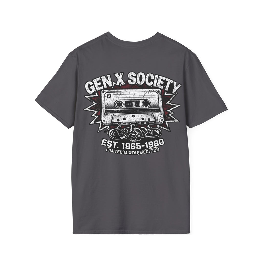 Gen X Society T-Shirt — Retro Cassette Mixtape Design (Est. 1965–1980) (Back Print)