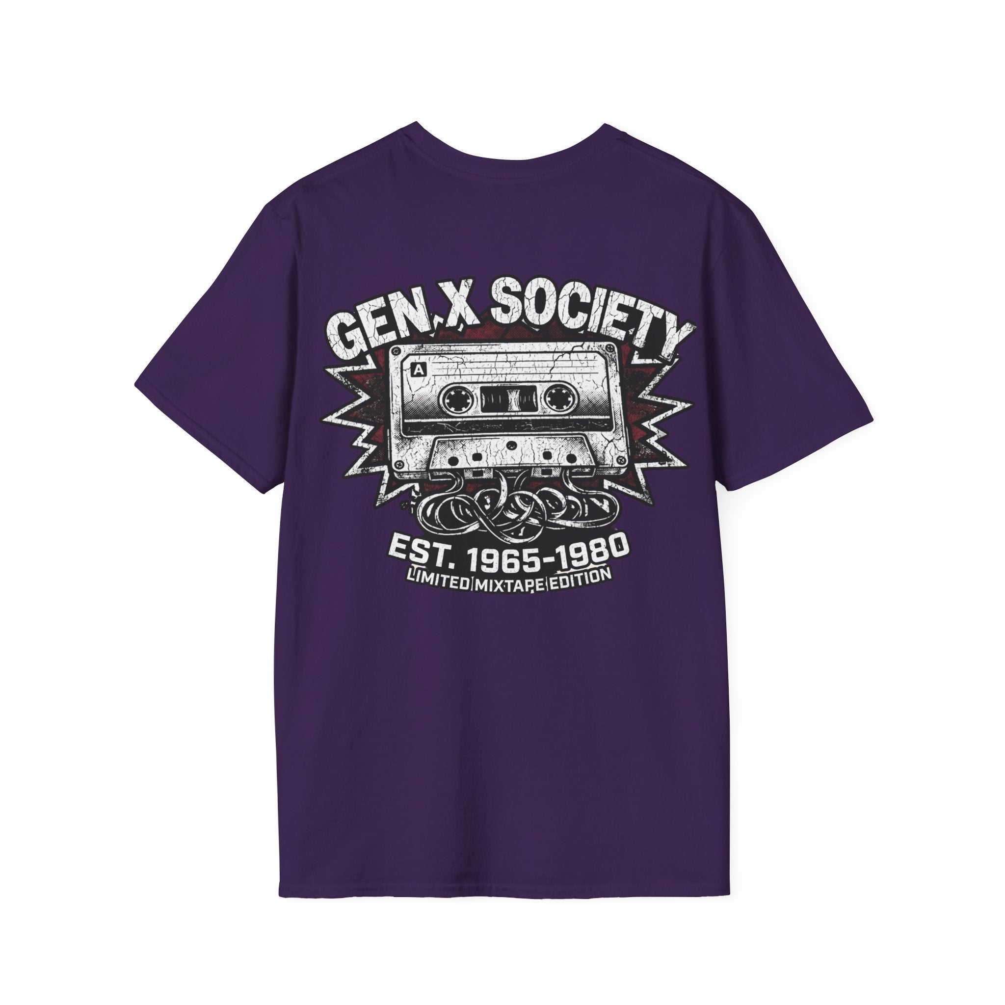 Gen X Society T-Shirt — Retro Cassette Mixtape Design (Est. 1965–1980) (Back Print)