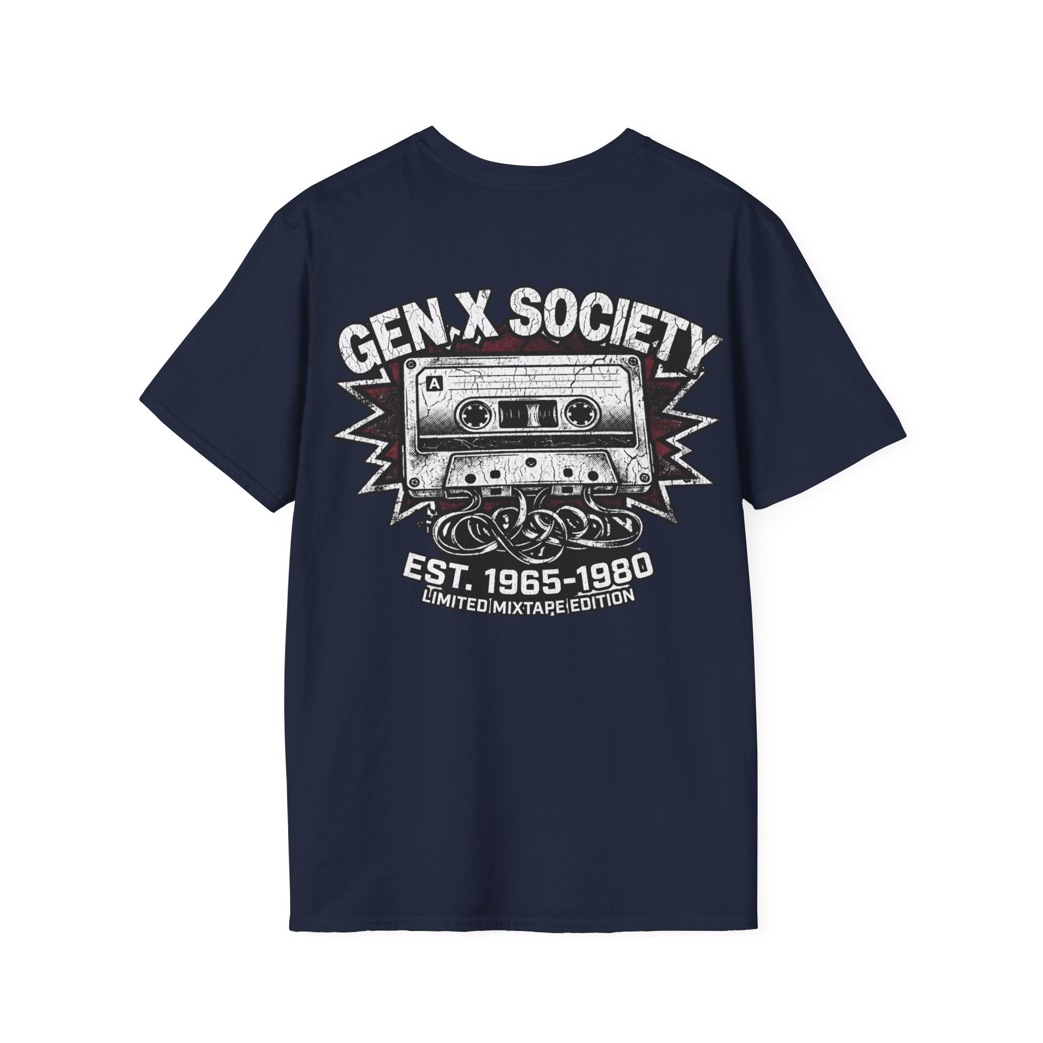 Gen X Society T-Shirt — Retro Cassette Mixtape Design (Est. 1965–1980) (Back Print)