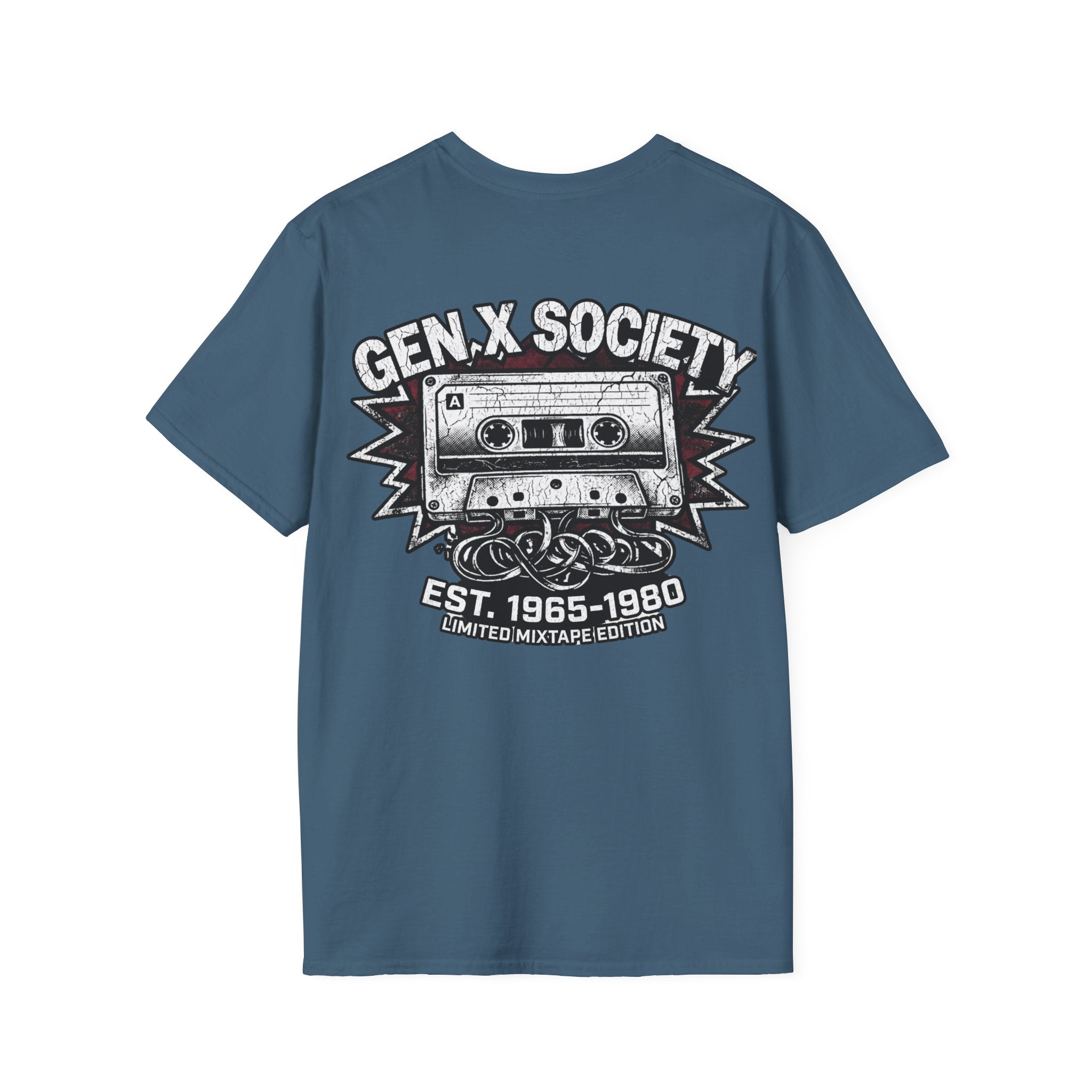 Gen X Society T-Shirt — Retro Cassette Mixtape Design (Est. 1965–1980) (Back Print)
