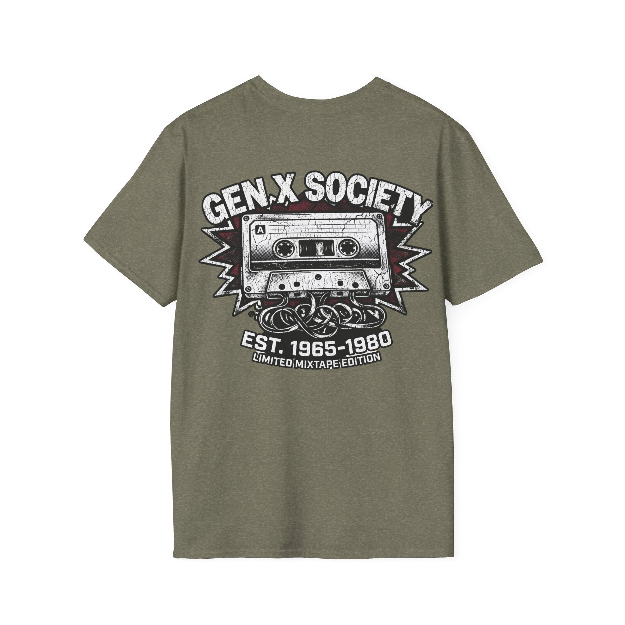 Gen X Society T-Shirt — Retro Cassette Mixtape Design (Est. 1965–1980) (Back Print)