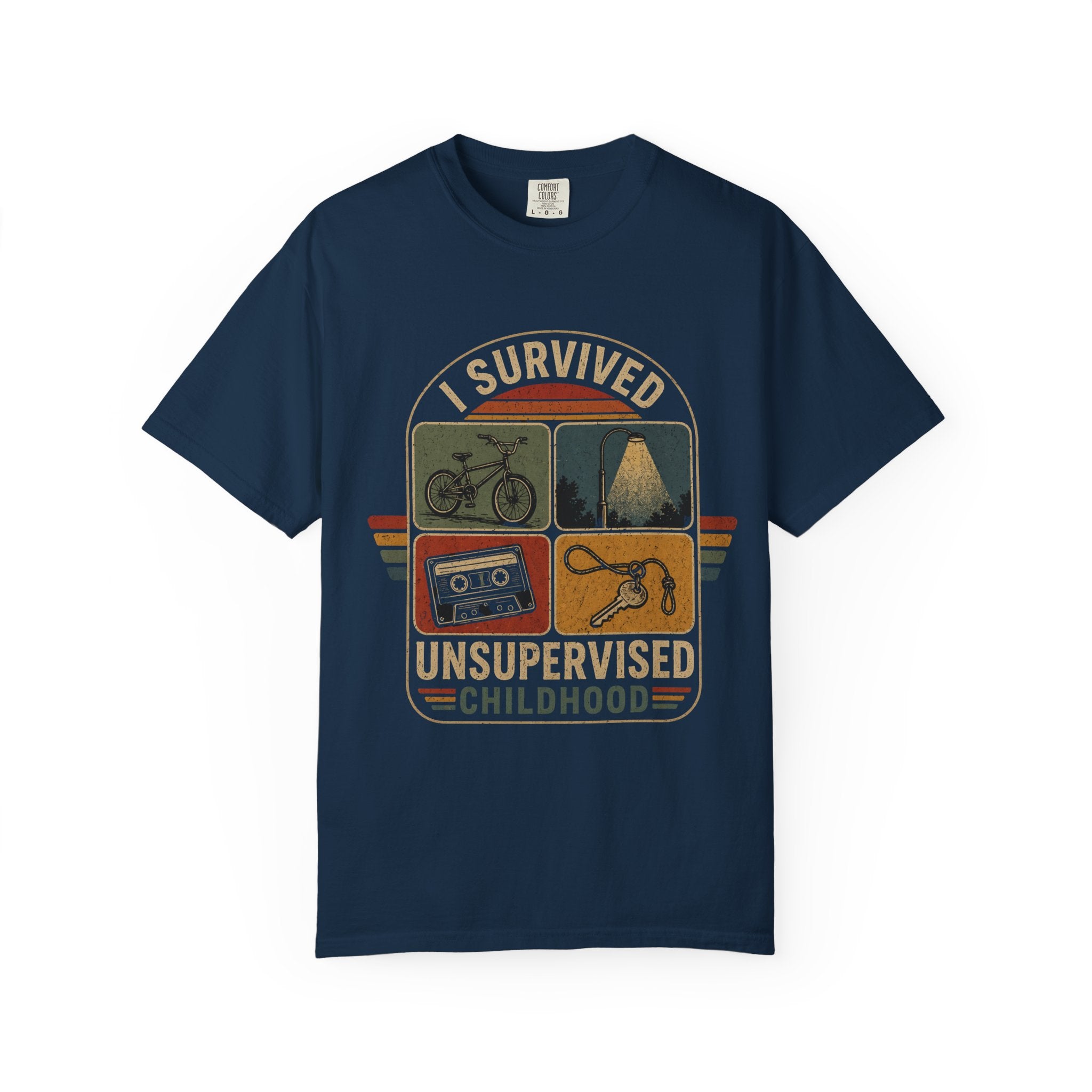 I Survived Unsupervised Childhood T-Shirt — Retro Vintage Camping, Bike & Cassette Tee