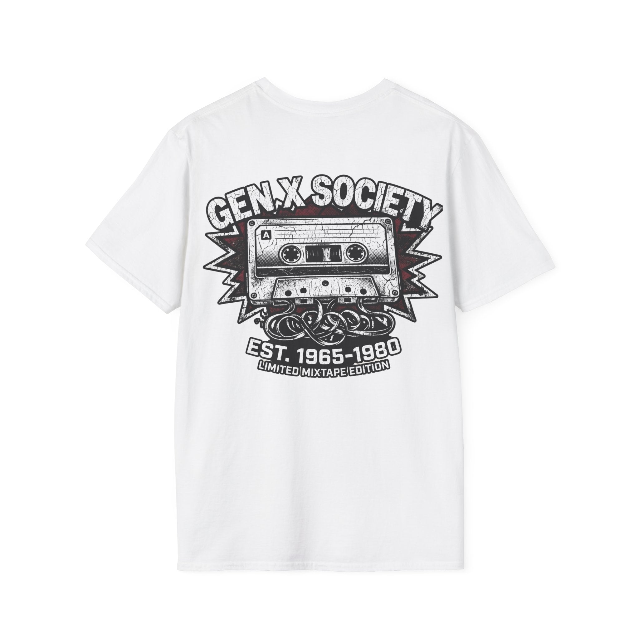 Gen X Society T-Shirt — Retro Cassette Mixtape Design (Est. 1965–1980) (Back Print)