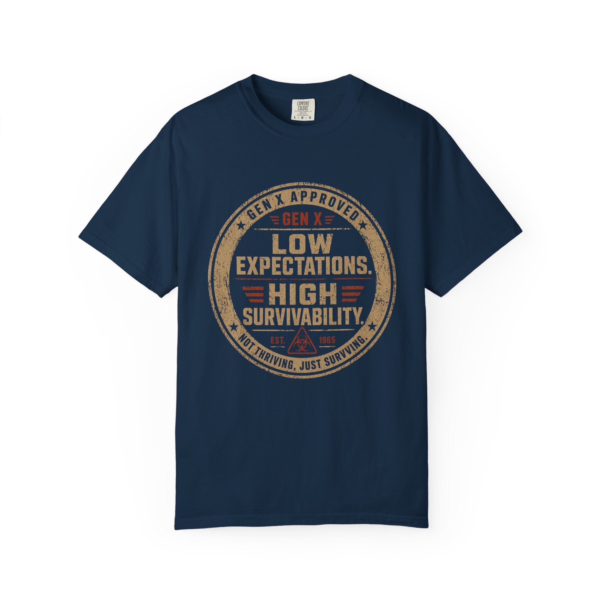 Gen X T-Shirt - "Low Expectations, High Survivability" Vintage Badge Tee