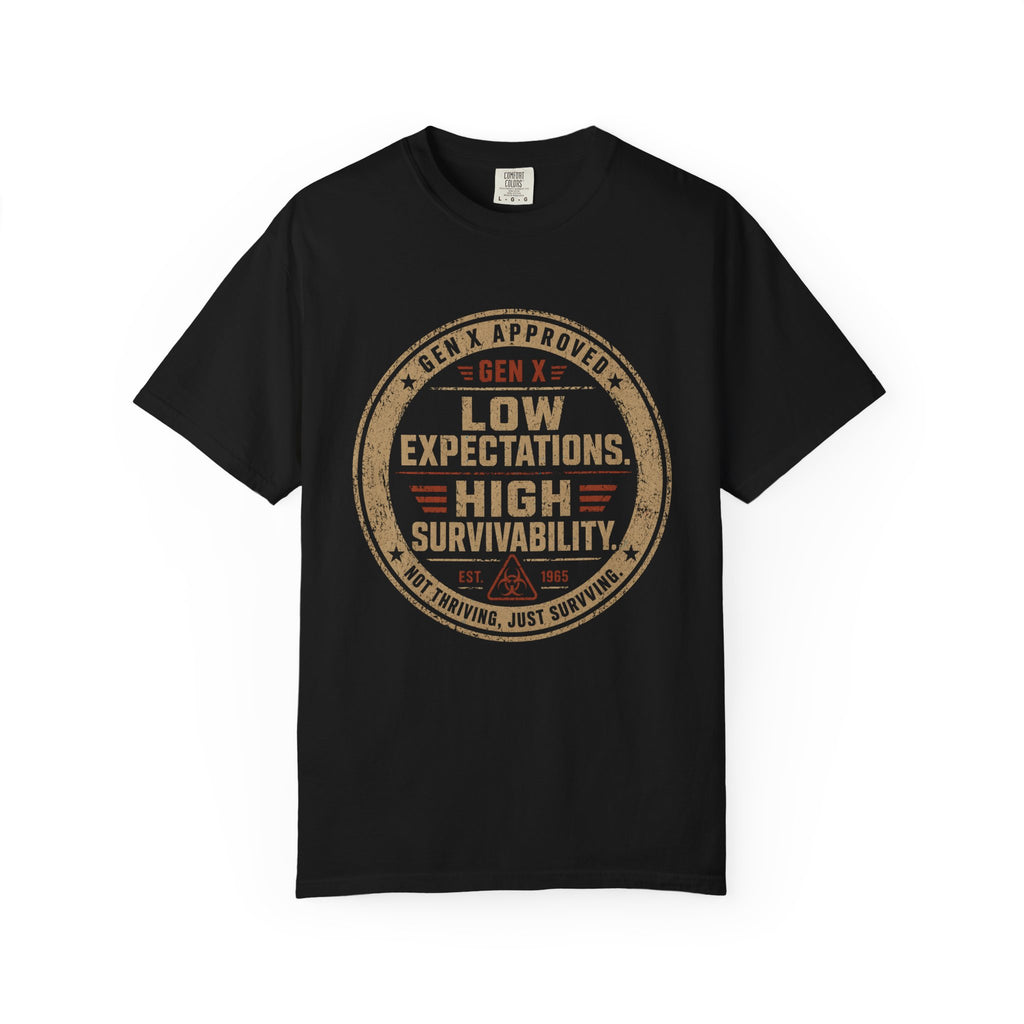 Gen X T-Shirt - "Low Expectations, High Survivability" Vintage Badge Tee