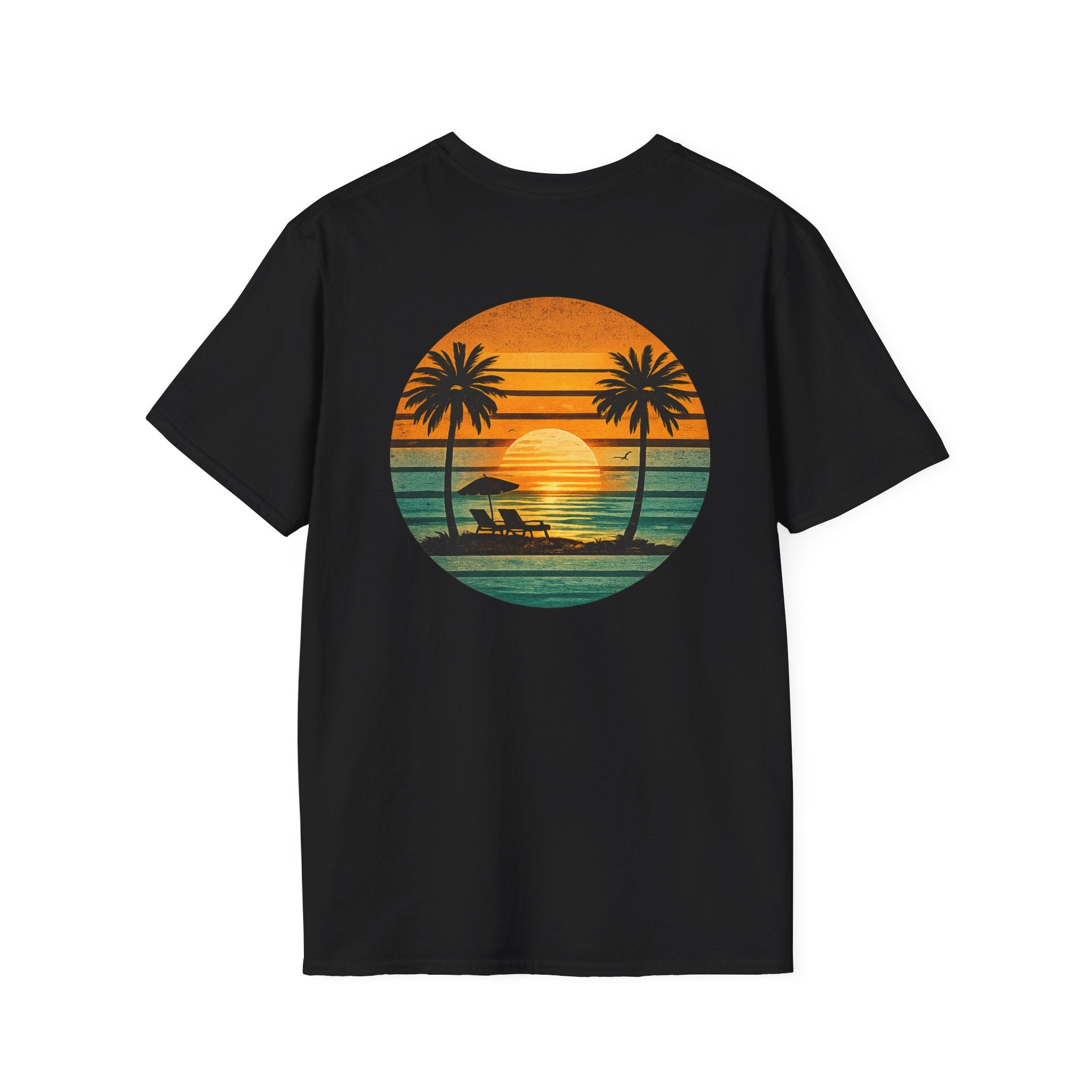 Sunset Beach T-Shirt — Retro Palm Trees & Lounge Chair Graphic (Back Print)