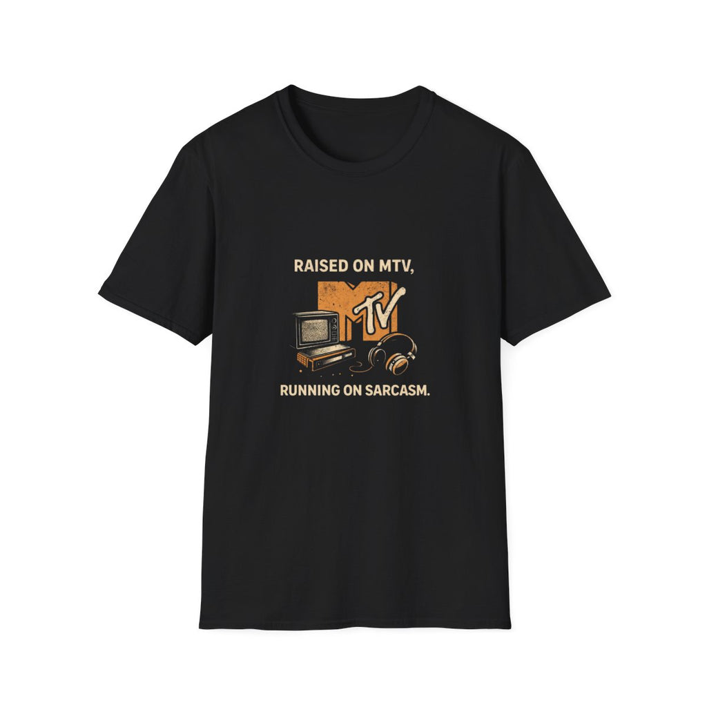 MTV Retro Graphic T-Shirt — "Raised on MTV, Running on Sarcasm" Vintage Logo Tee