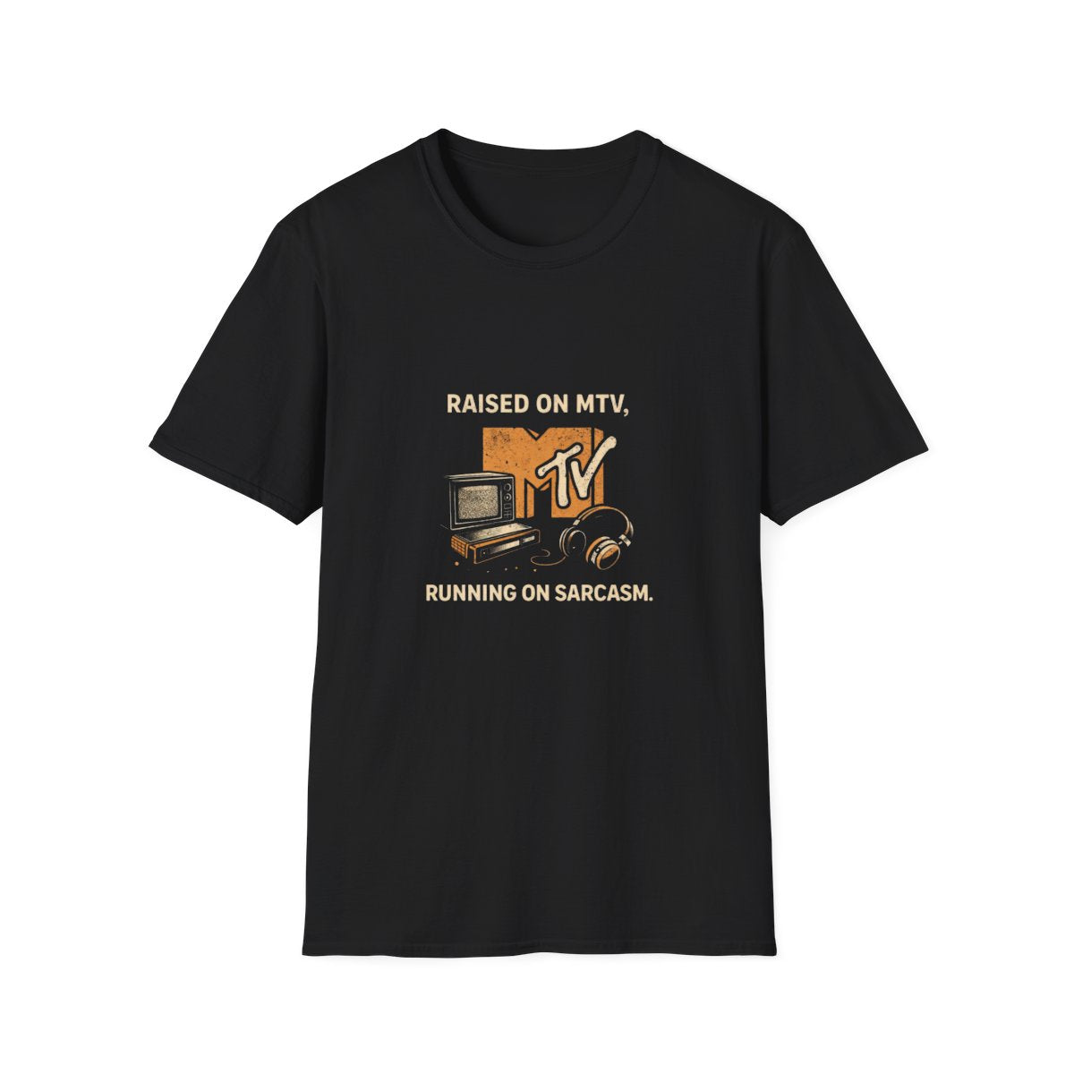 MTV Retro Graphic T-Shirt — "Raised on MTV, Running on Sarcasm" Vintage Logo Tee