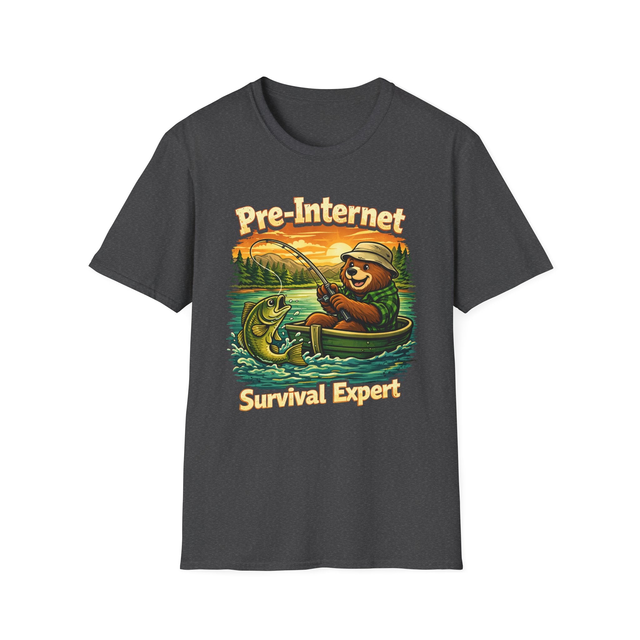 "Pre-Internet Survival Expert" Retro Bear Fishing Graphic T-shirt