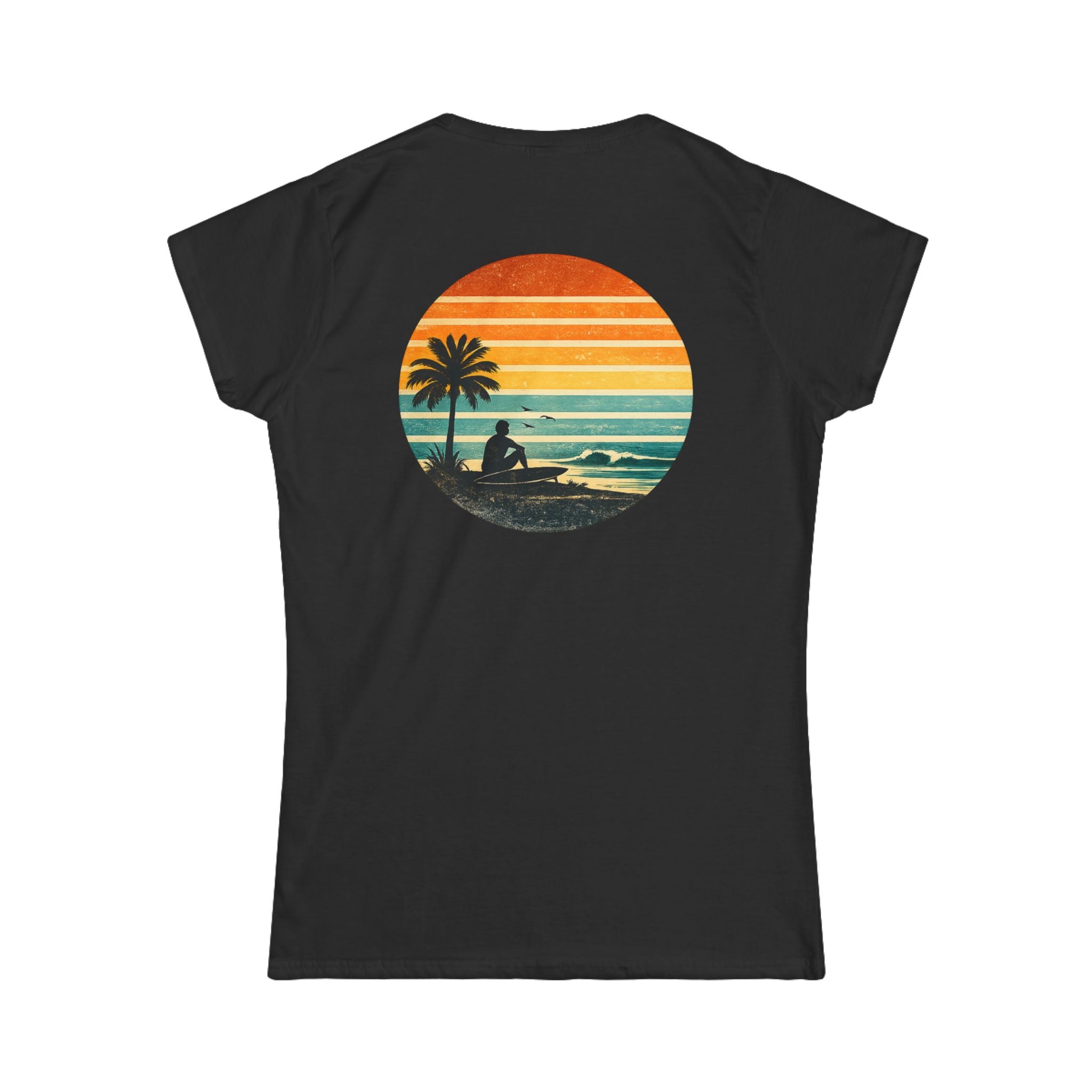 Women's Tee - Retro Sunset Beach Graphic T-Shirt (Back Print)