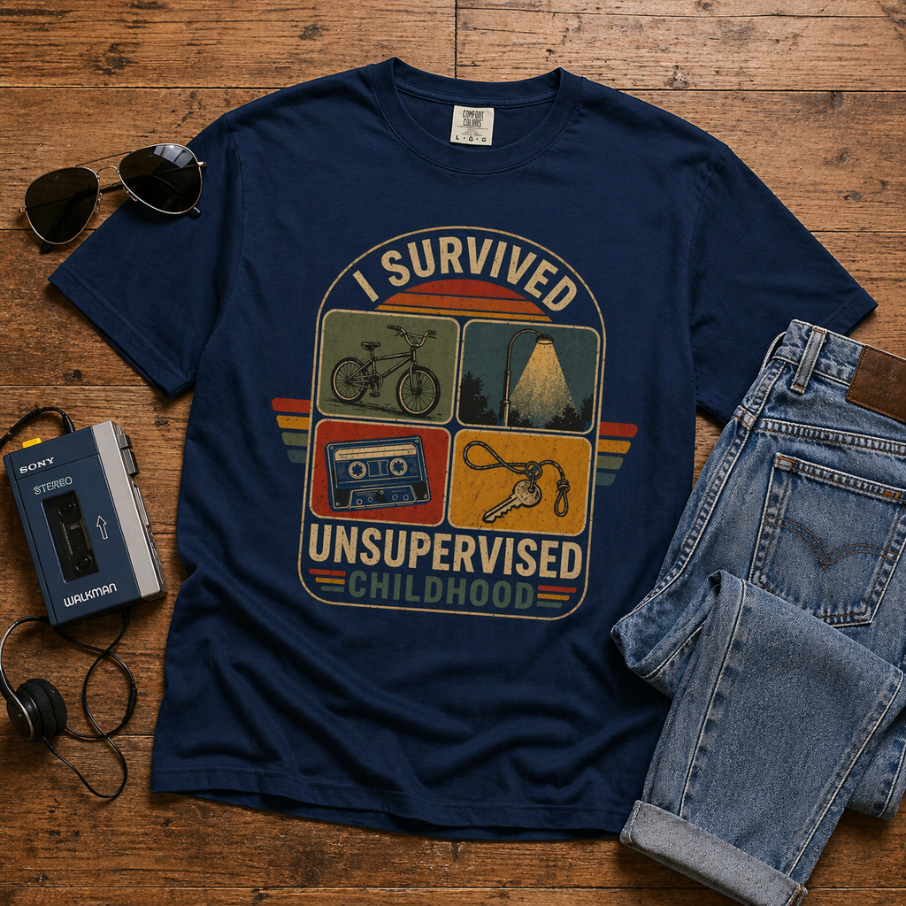 I Survived Unsupervised Childhood T-Shirt — Retro Vintage Camping, Bike & Cassette Tee