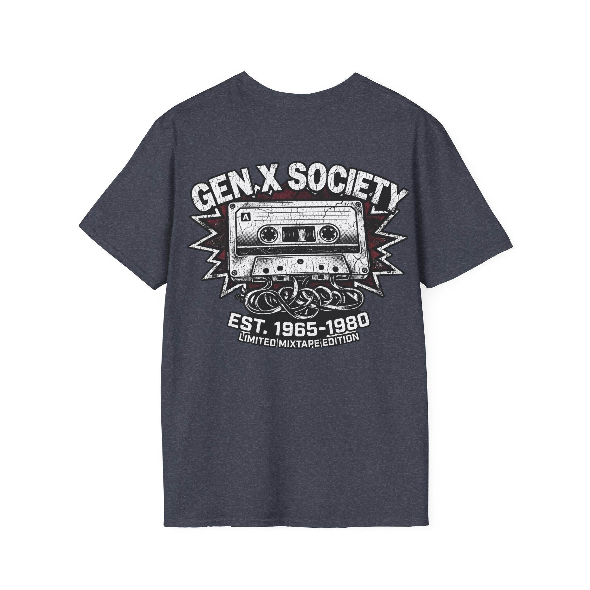 Gen X Society T-Shirt — Retro Cassette Mixtape Design (Est. 1965–1980) (Back Print)