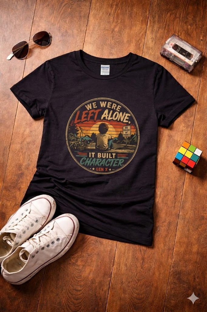 T-Shirt — "We Were Left Alone, It Built Character" Vintage Sunset Graphic
