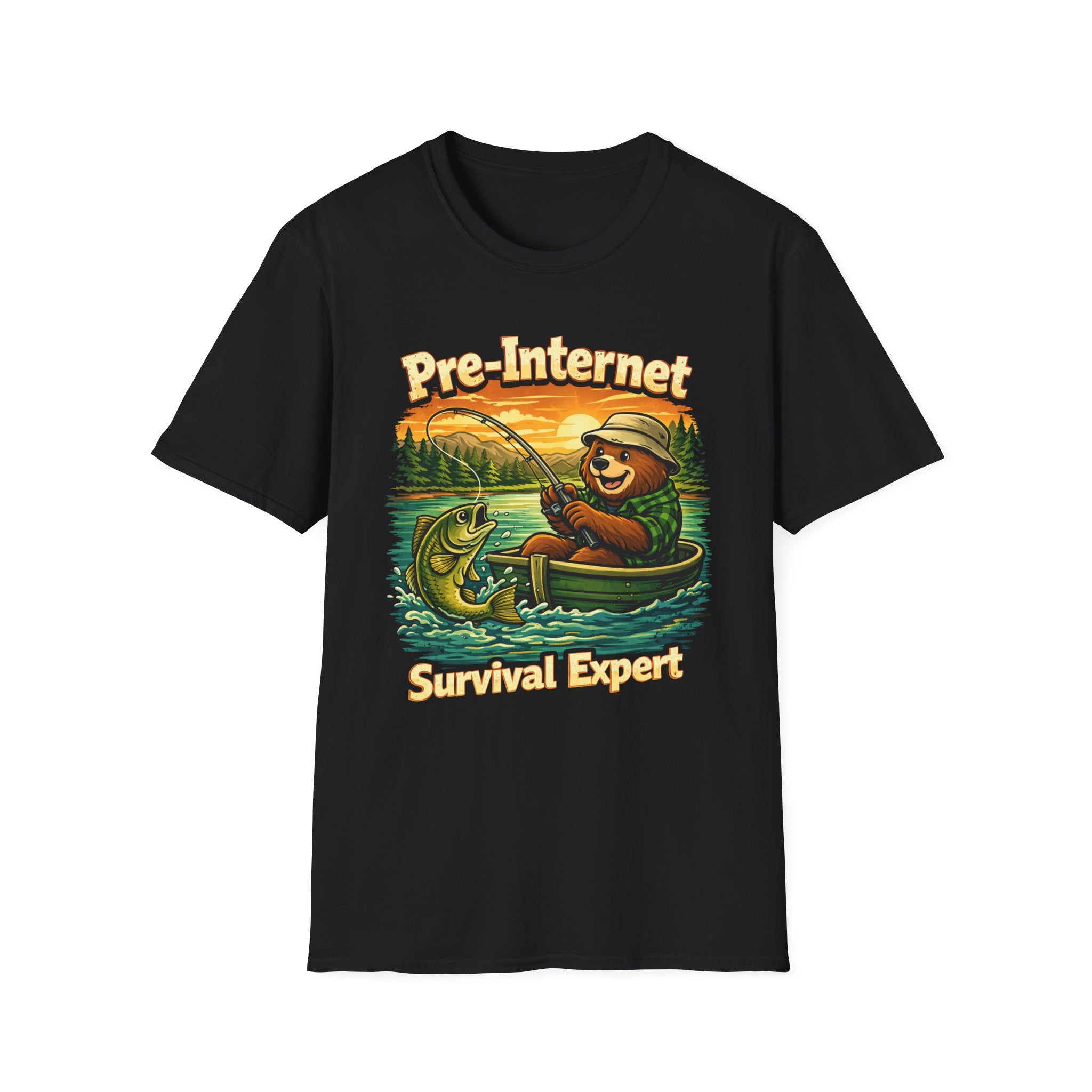 "Pre-Internet Survival Expert" Retro Bear Fishing Graphic T-shirt
