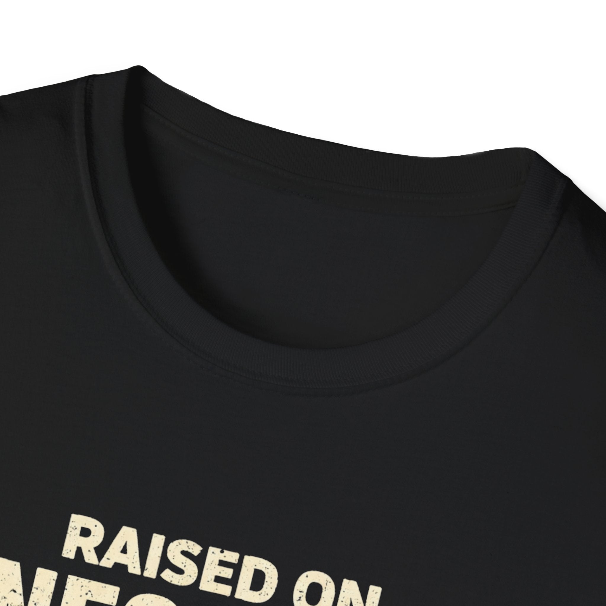 Raised on Neglect & Mixtapes T-Shirt — Retro Cassette Nostalgia Tee