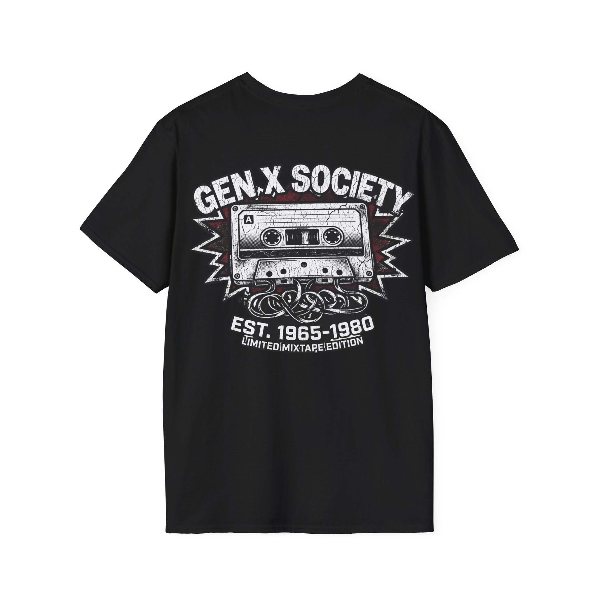 Gen X Society T-Shirt — Retro Cassette Mixtape Design (Est. 1965–1980) (Back Print)