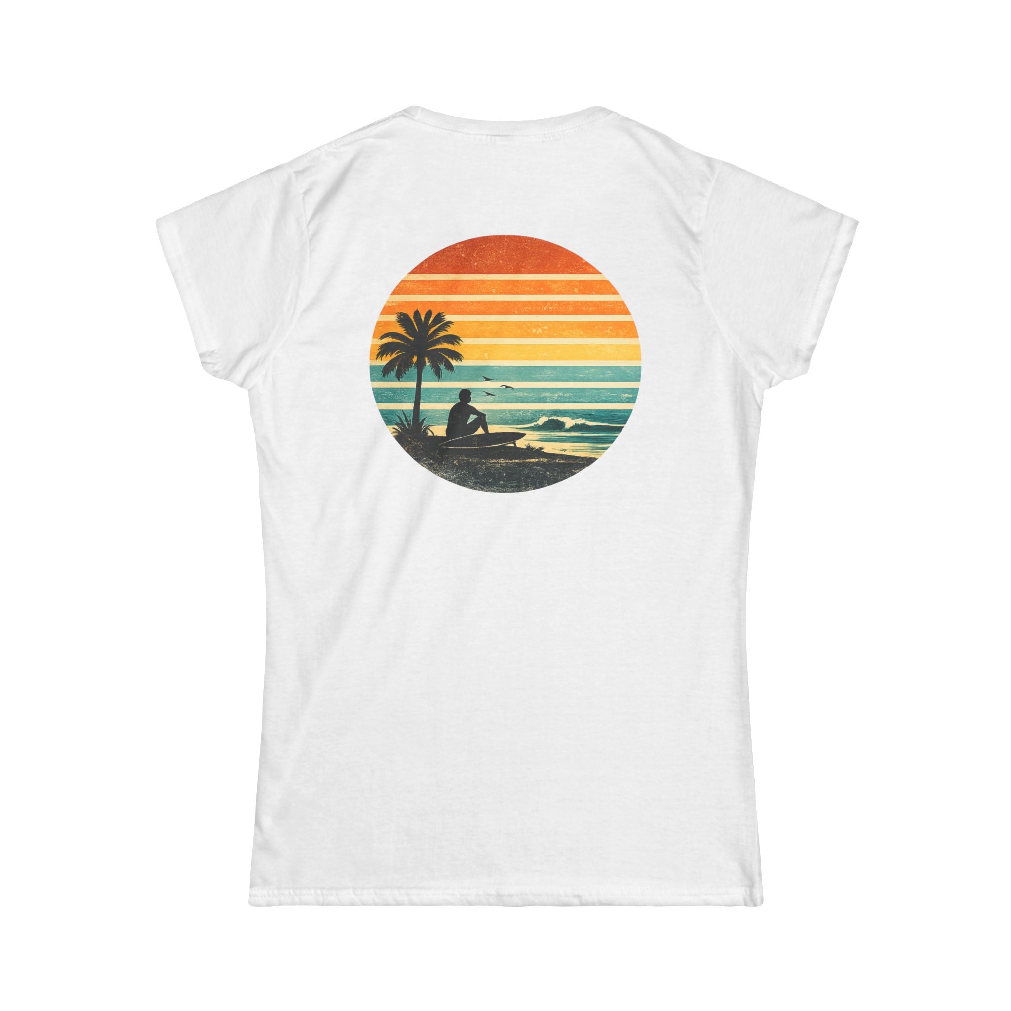 Women's Tee - Retro Sunset Beach Graphic T-Shirt (Back Print)