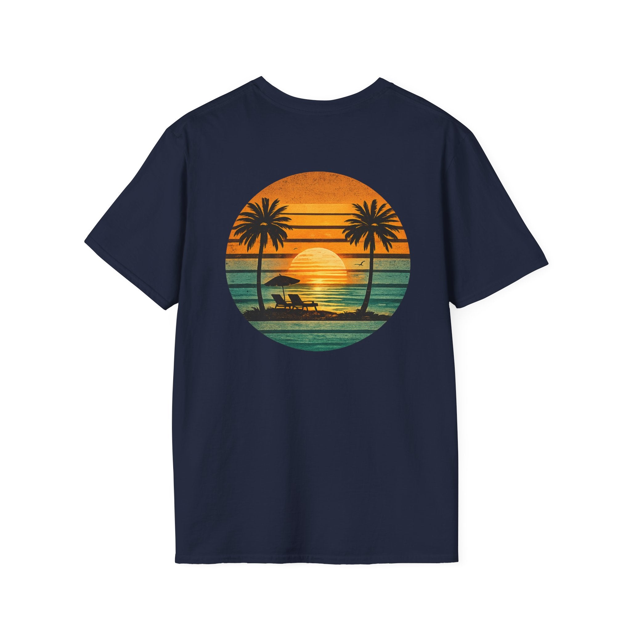 Sunset Beach T-Shirt — Retro Palm Trees & Lounge Chair Graphic (Back Print)