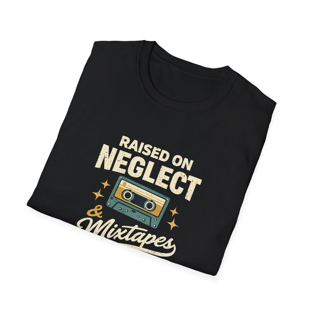 Raised on Neglect & Mixtapes T-Shirt — Retro Cassette Nostalgia Tee