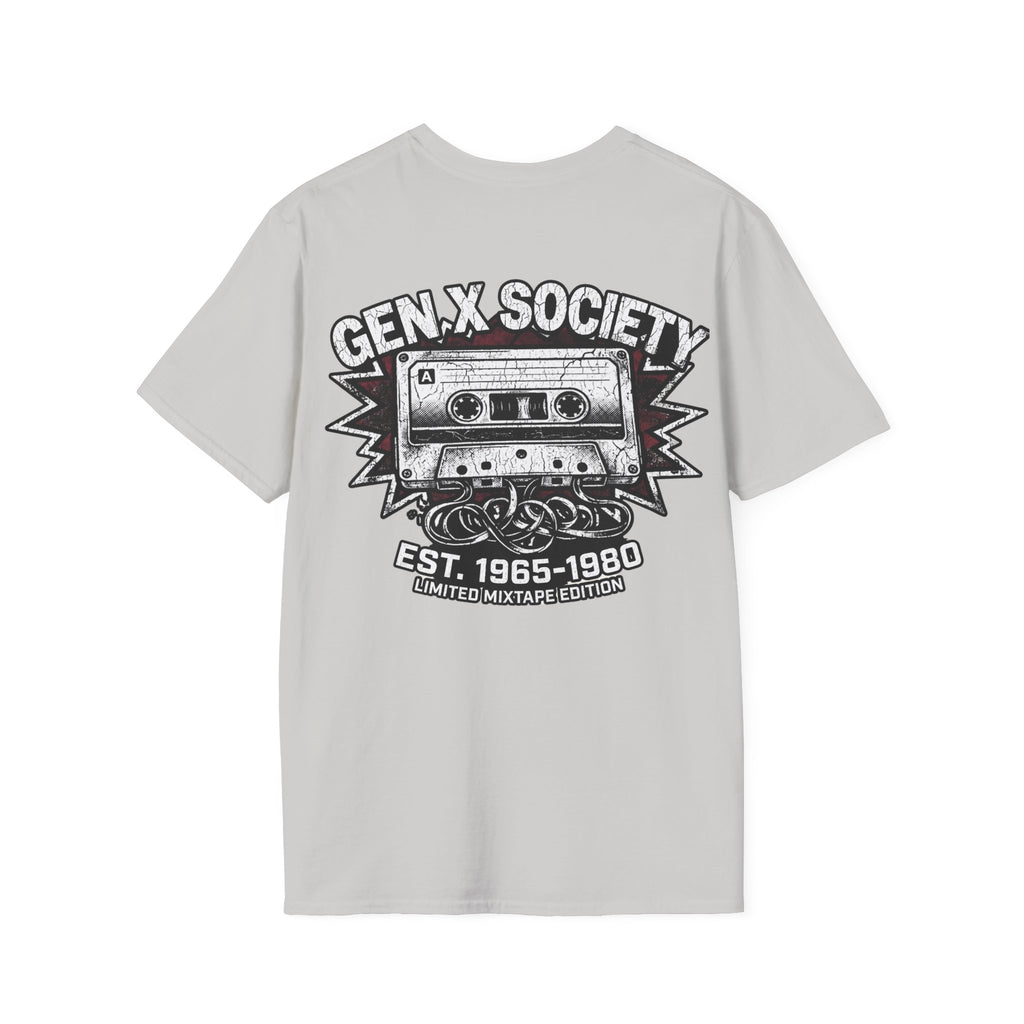 Gen X Society T-Shirt — Retro Cassette Mixtape Design (Est. 1965–1980) (Back Print)