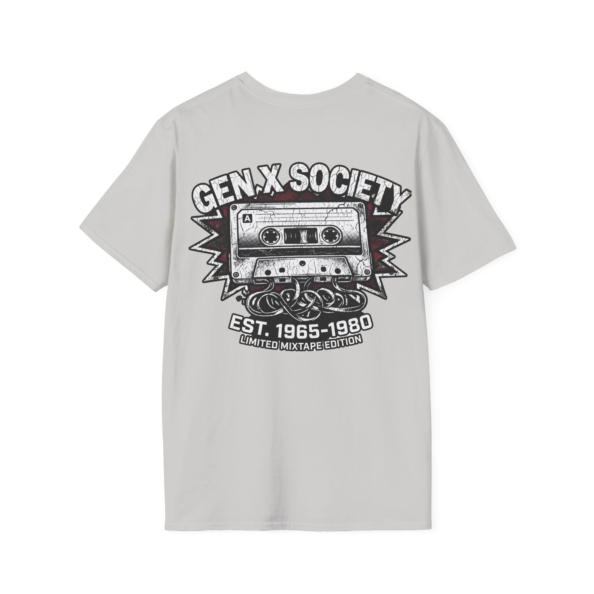 Gen X Society T-Shirt — Retro Cassette Mixtape Design (Est. 1965–1980) (Back Print)
