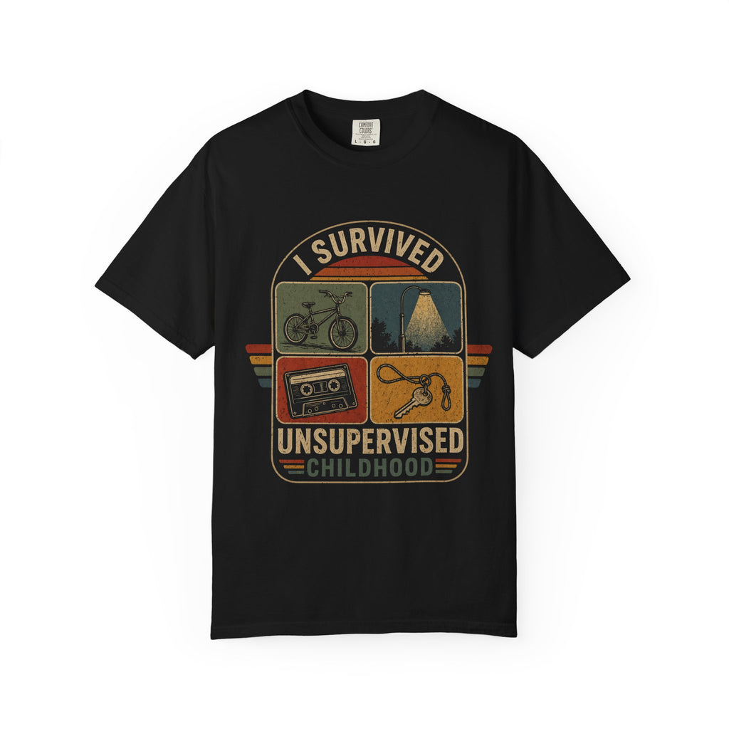 I Survived Unsupervised Childhood T-Shirt — Retro Vintage Camping, Bike & Cassette Tee