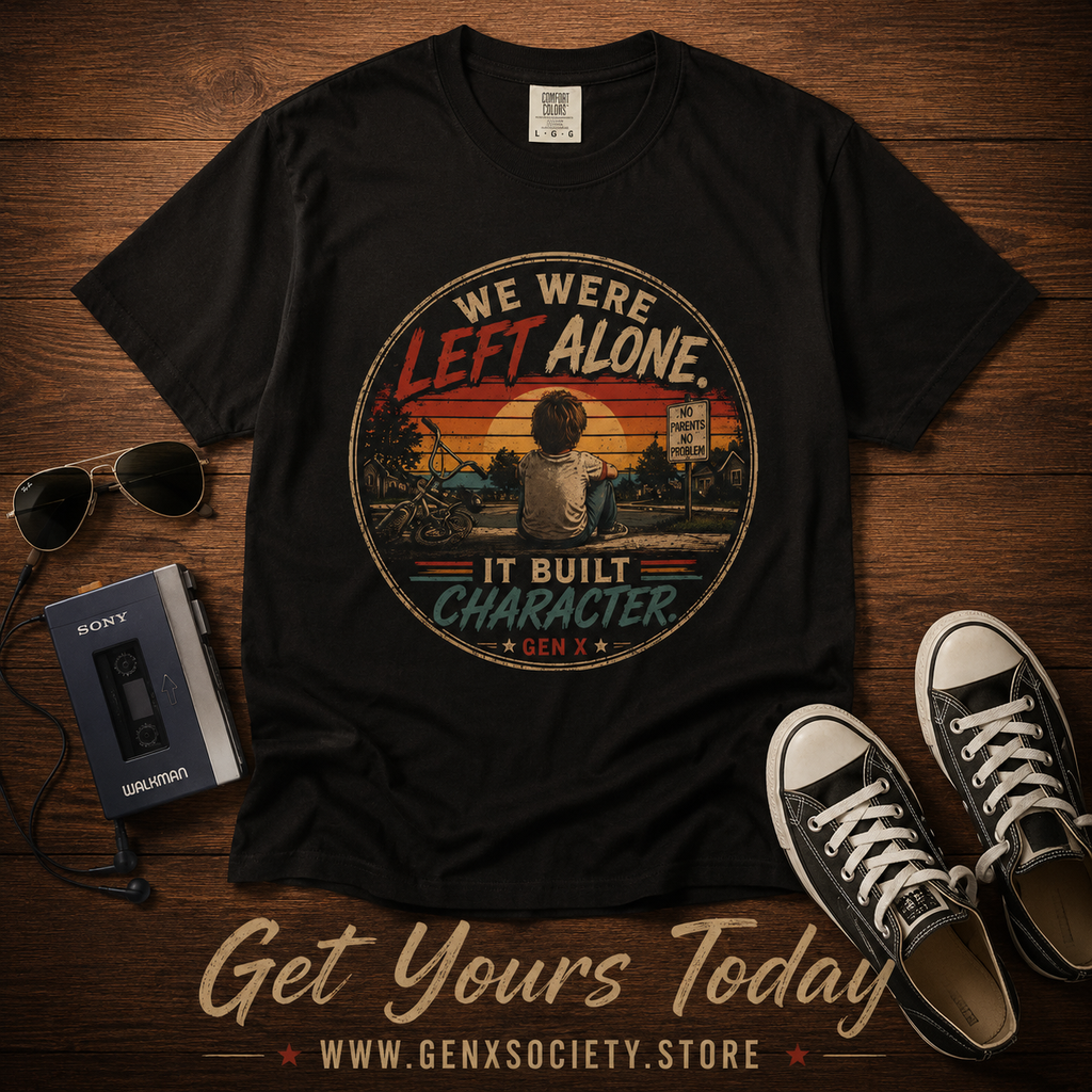 T-Shirt — "We Were Left Alone, It Built Character" Vintage Sunset Graphic