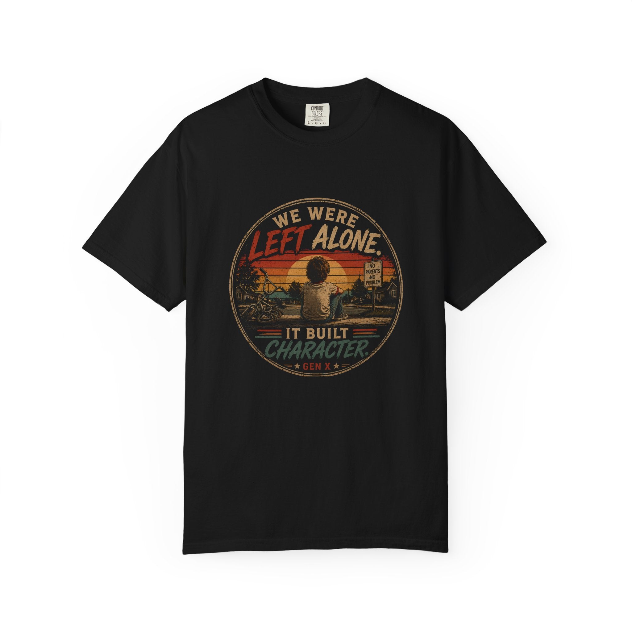 T-Shirt — "We Were Left Alone, It Built Character" Vintage Sunset Graphic