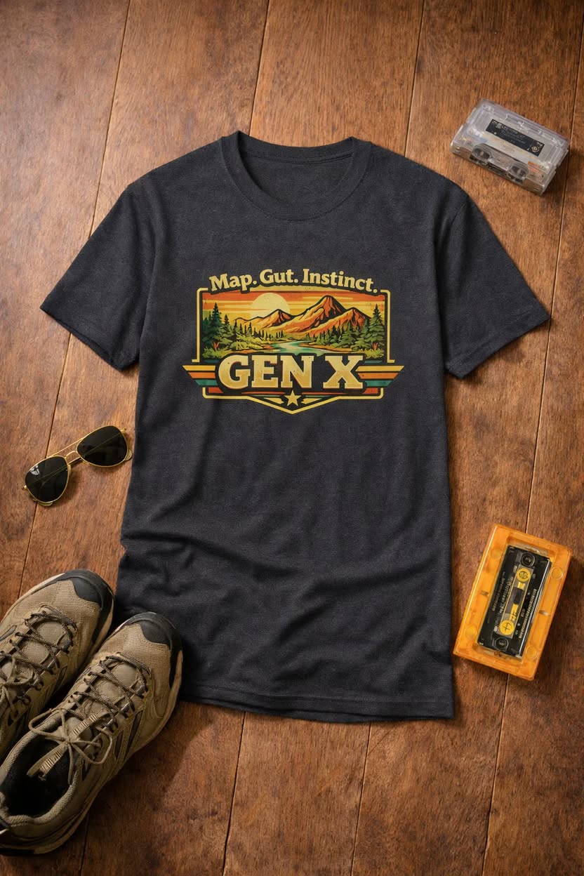 Gen X Mountain Vintage T-Shirt — "Map. Gut. Instinct." Outdoor Retro Tee
