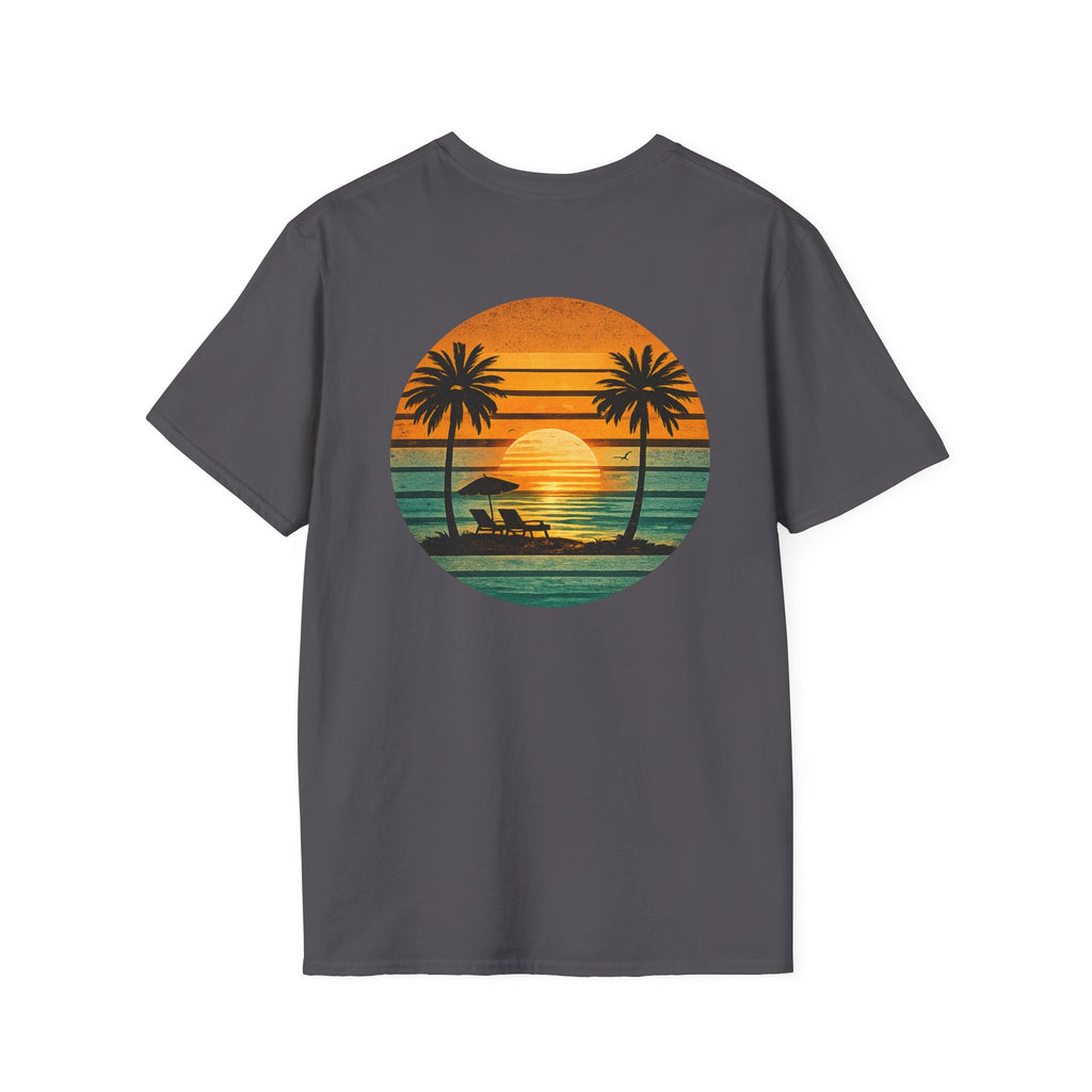 Sunset Beach T-Shirt — Retro Palm Trees & Lounge Chair Graphic (Back Print)