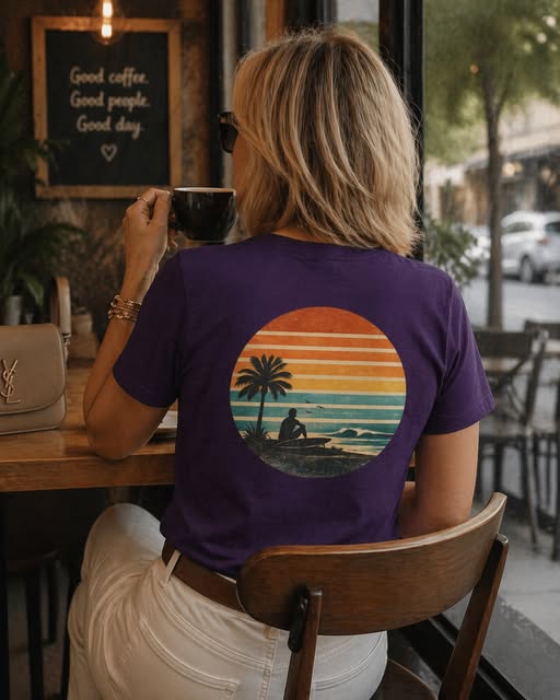 Women's Tee - Retro Sunset Beach Graphic T-Shirt (Back Print)
