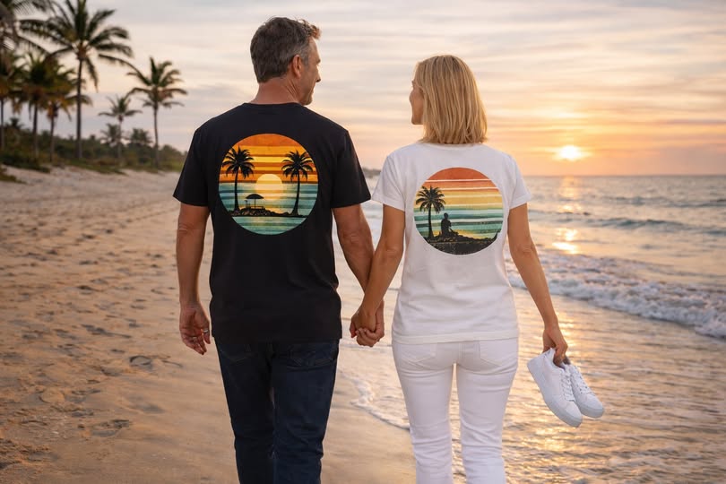Sunset Beach T-Shirt — Retro Palm Trees & Lounge Chair Graphic (Back Print)