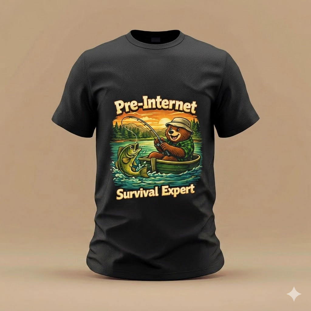 "Pre-Internet Survival Expert" Retro Bear Fishing Graphic T-shirt
