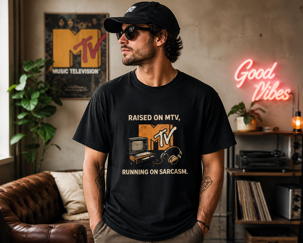 MTV Retro Graphic T-Shirt — "Raised on MTV, Running on Sarcasm" Vintage Logo Tee