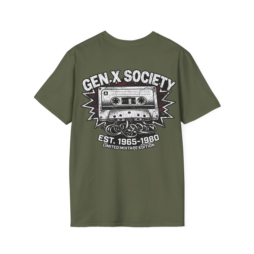 Gen X Society T-Shirt — Retro Cassette Mixtape Design (Est. 1965–1980) (Back Print)