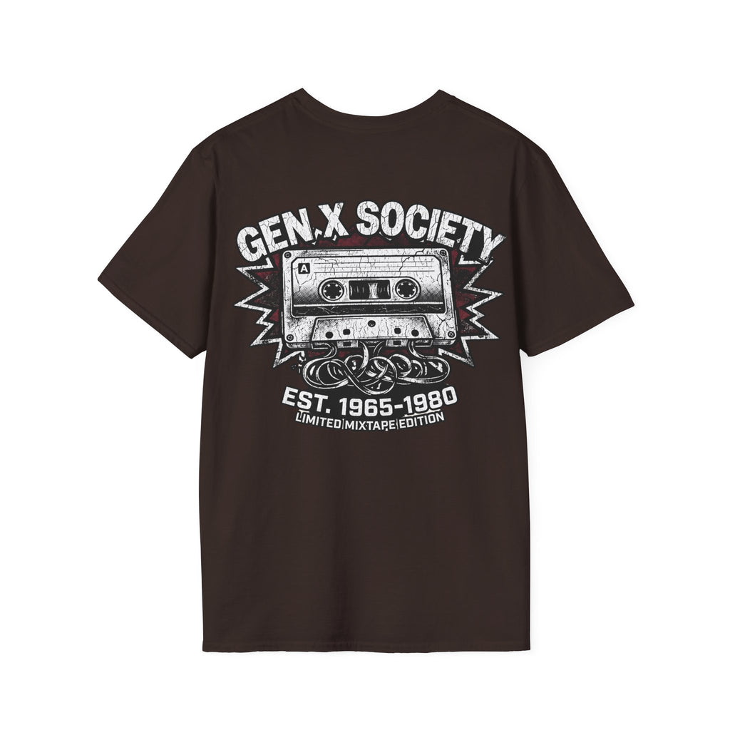 Gen X Society T-Shirt — Retro Cassette Mixtape Design (Est. 1965–1980) (Back Print)