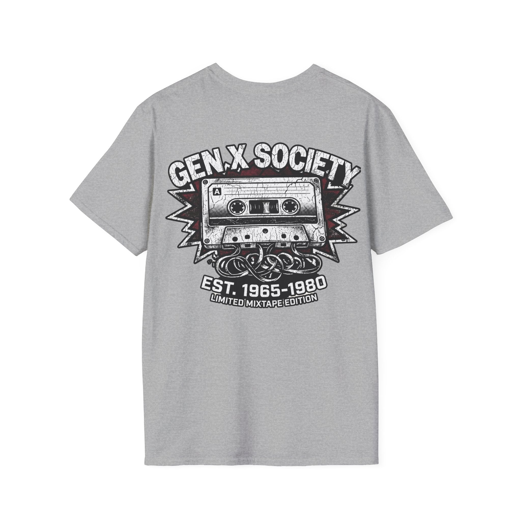 Gen X Society T-Shirt — Retro Cassette Mixtape Design (Est. 1965–1980) (Back Print)