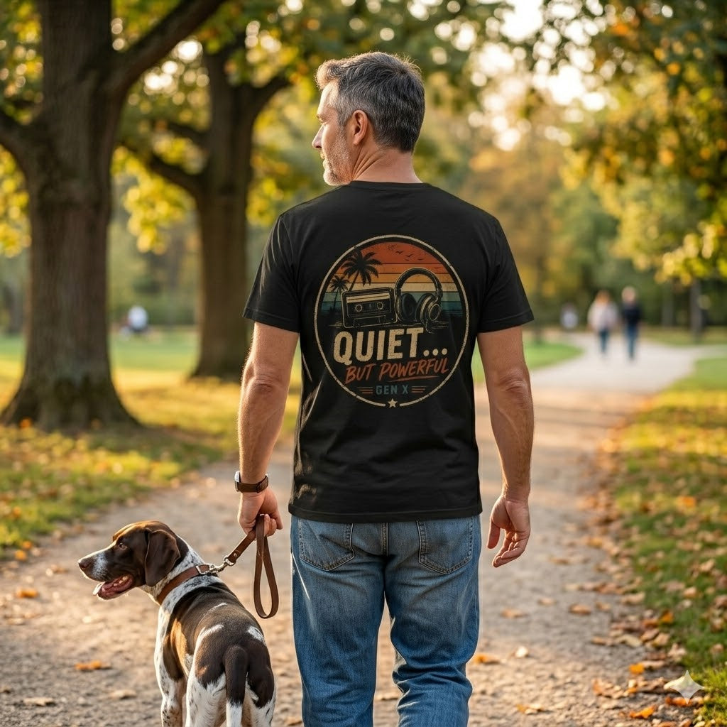 Quiet But Powerful Gen X T-Shirt — Retro Sunset Headphones & Radio Tee (Back Print)