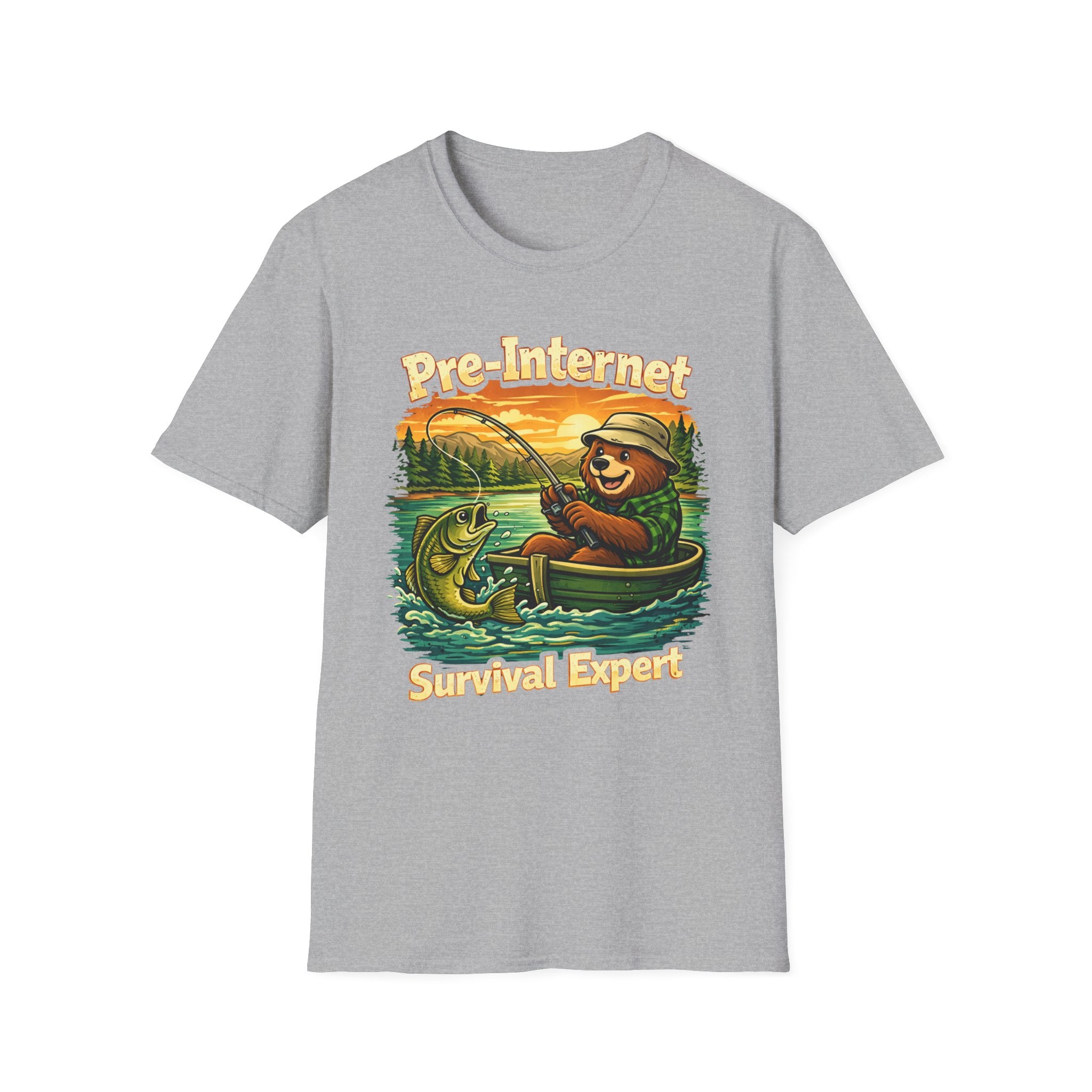 "Pre-Internet Survival Expert" Retro Bear Fishing Graphic T-shirt