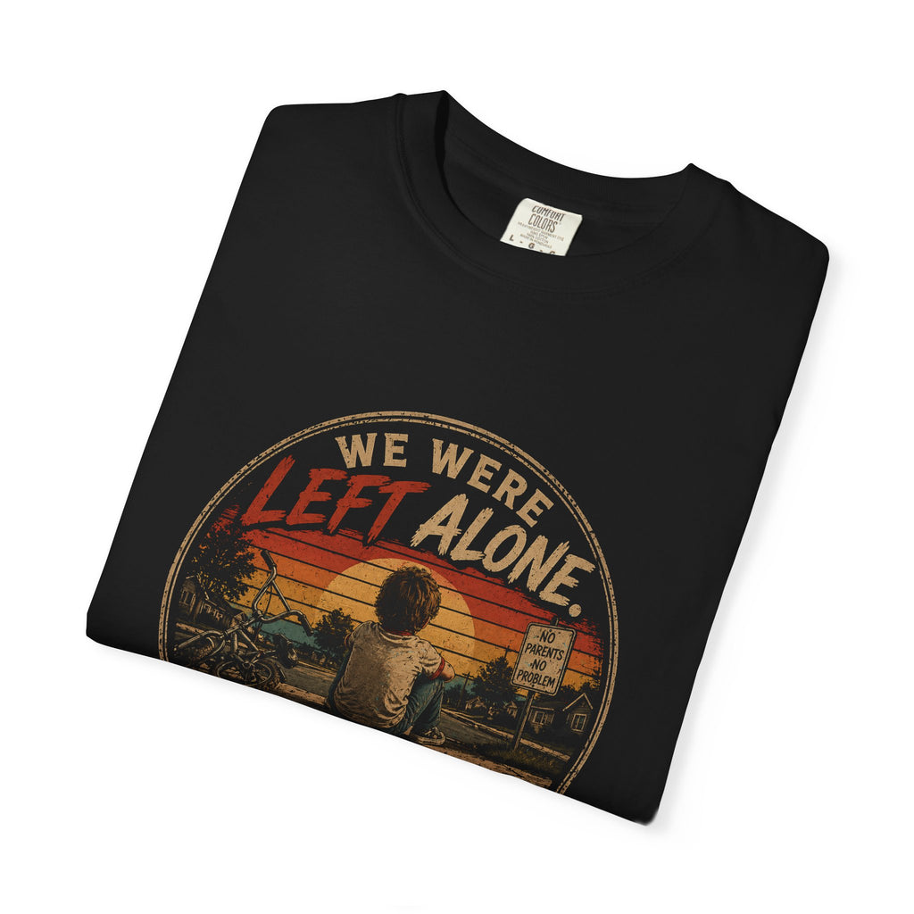 T-Shirt — "We Were Left Alone, It Built Character" Vintage Sunset Graphic