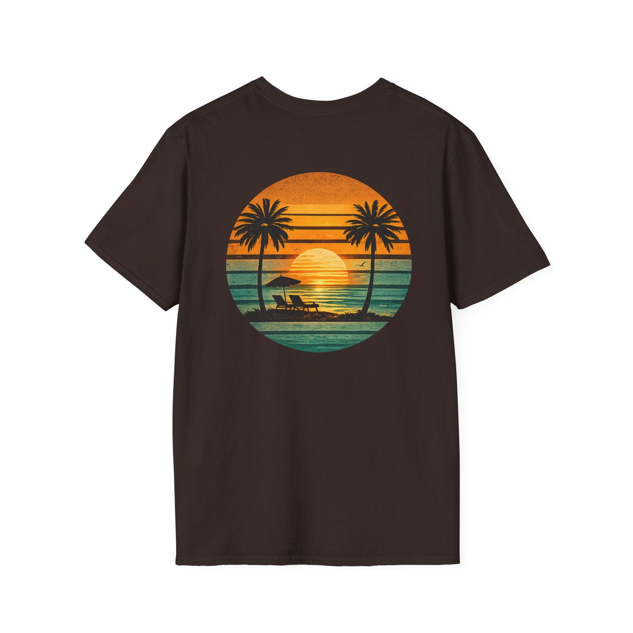 Sunset Beach T-Shirt — Retro Palm Trees & Lounge Chair Graphic (Back Print)