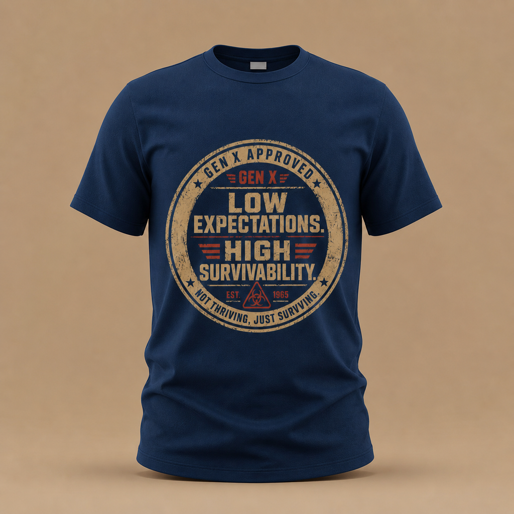 Gen X T-Shirt - "Low Expectations, High Survivability" Vintage Badge Tee