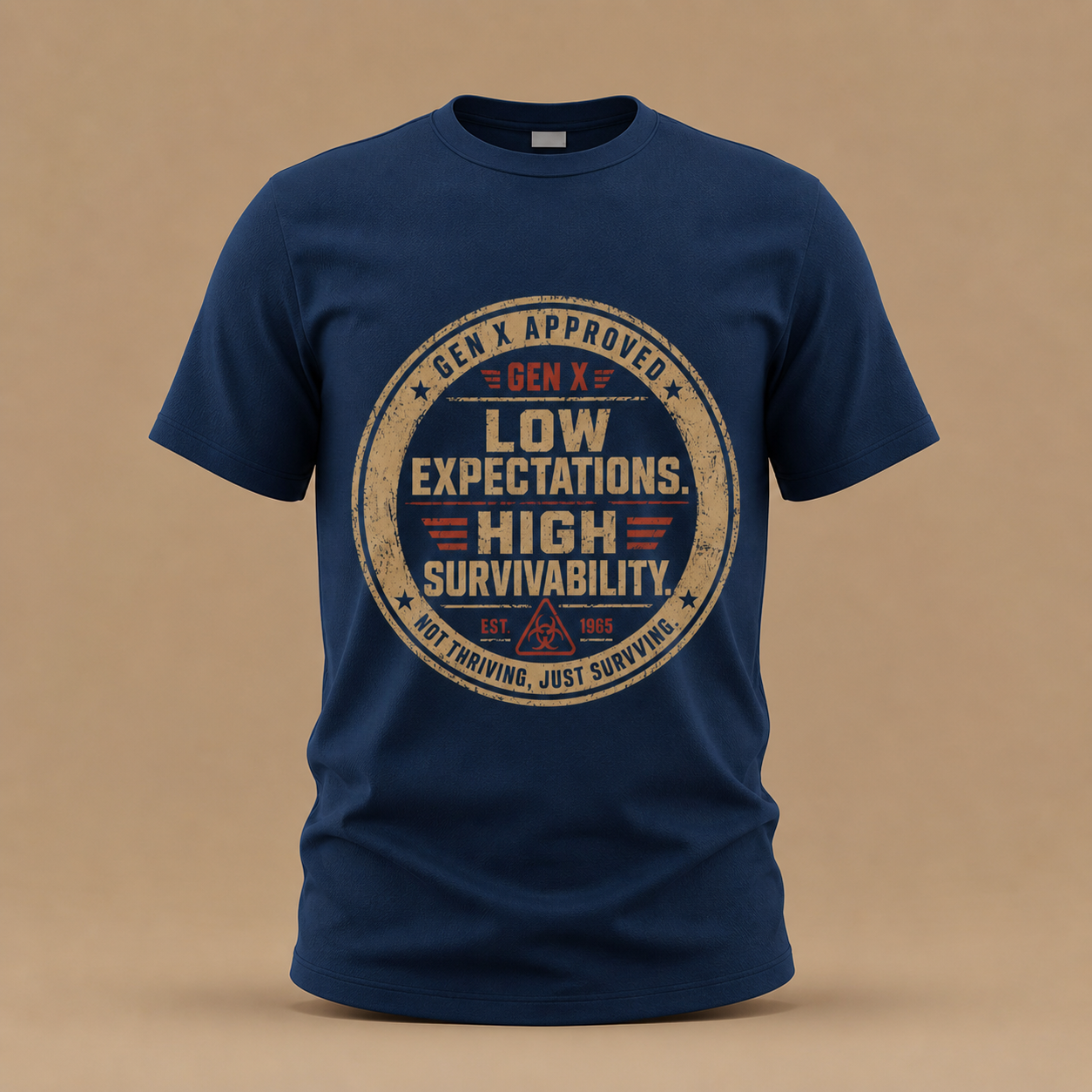 Gen X T-Shirt - "Low Expectations, High Survivability" Vintage Badge Tee