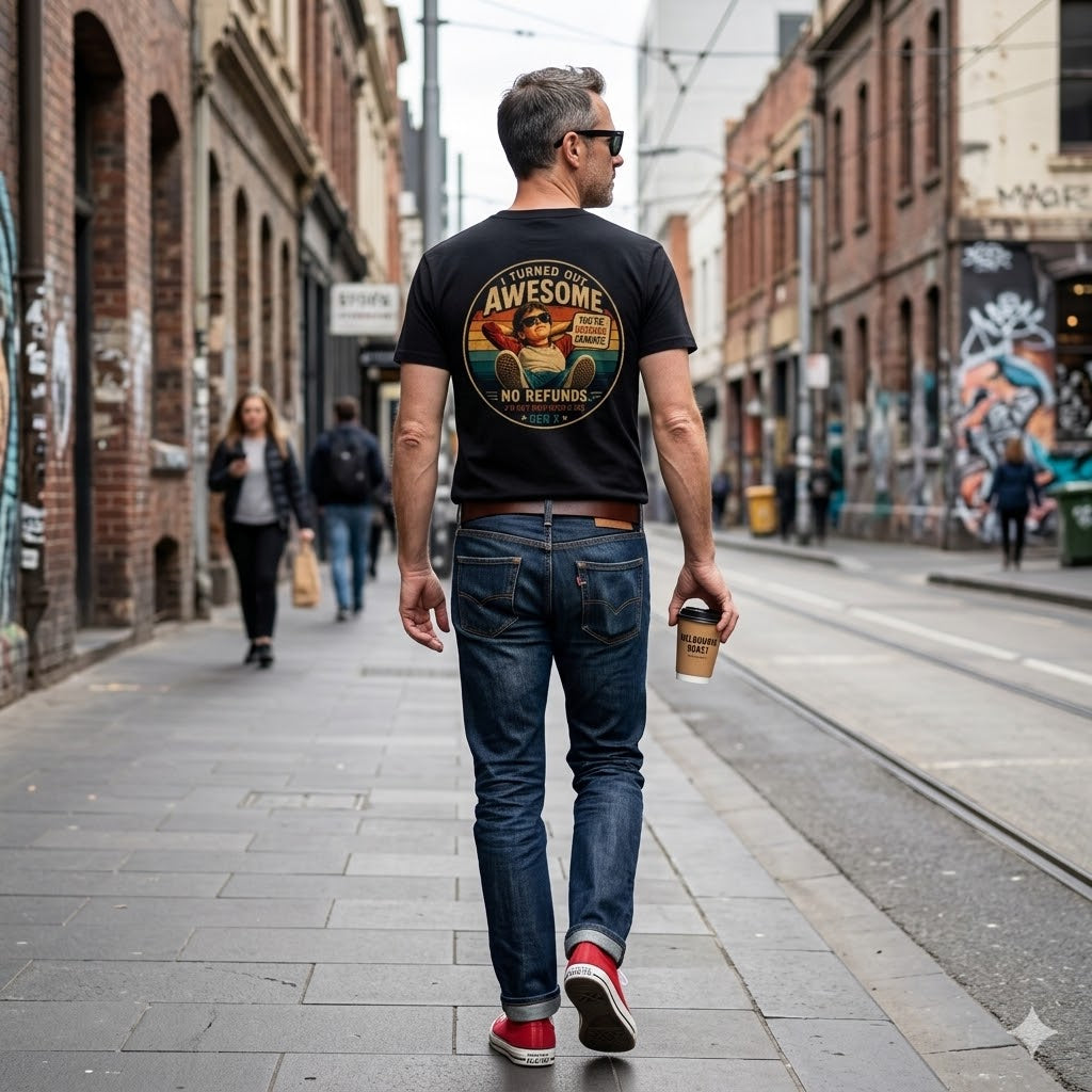 Vintage "Turned Out Awesome" Graphic T-Shirt — Funny Retro Dad Humor Tee (Back Print)