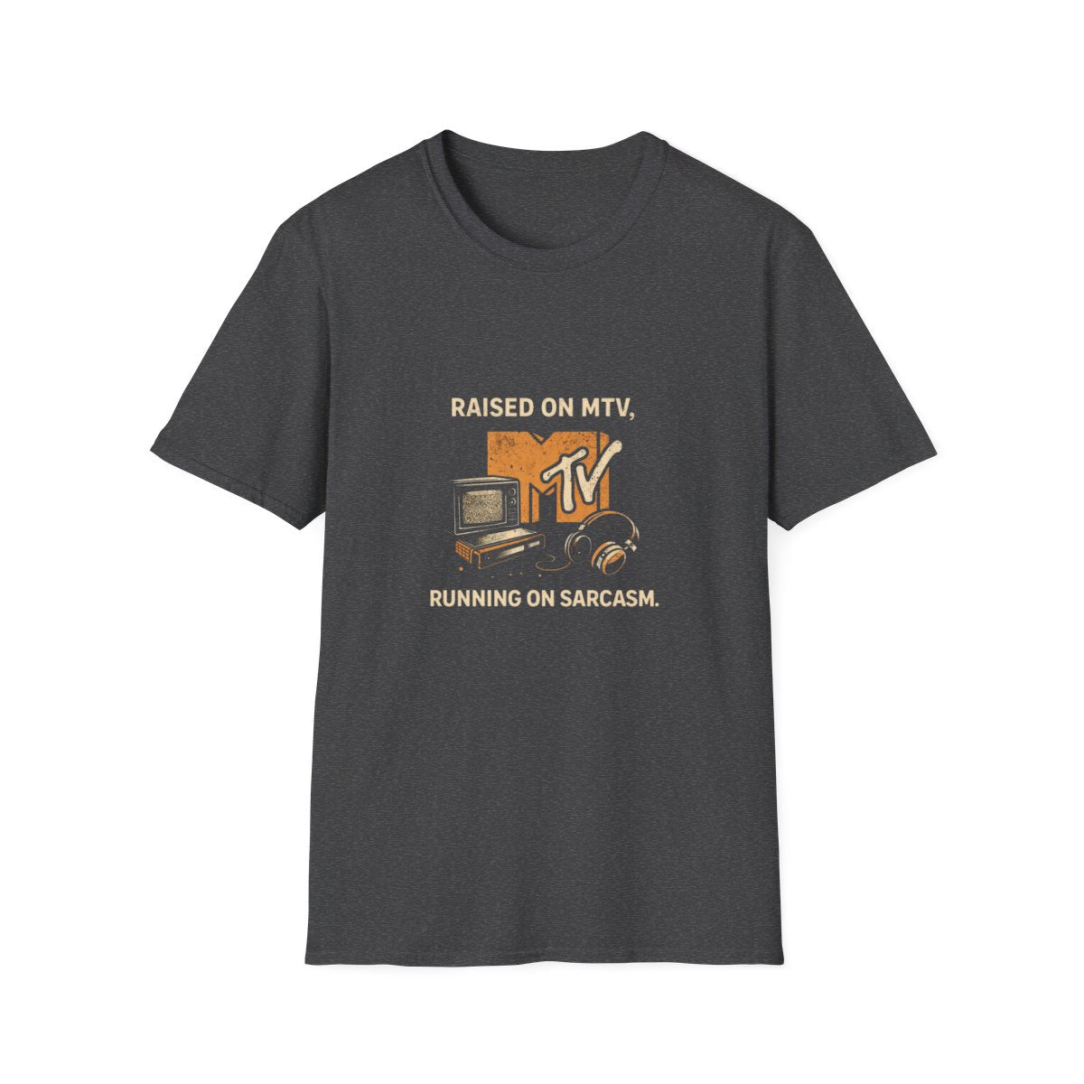 MTV Retro Graphic T-Shirt — "Raised on MTV, Running on Sarcasm" Vintage Logo Tee