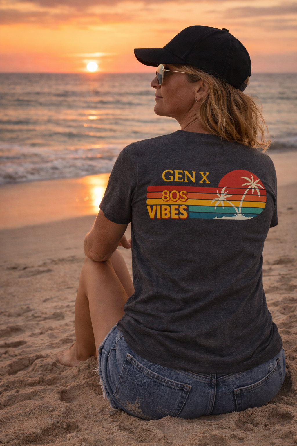 Gen X 80s Vibes T-Shirt — Retro Sunset Palm Graphic Tee  (Back Side )